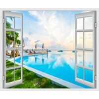 Bãi biển Hawaii bên ô cửa sổ, Tranh dán tường 3d trang trí phòng hiện đại (tích hợp sẵn keo-kích thước lớn) MS433849060