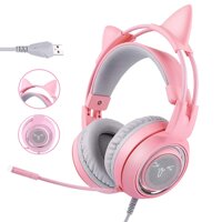 BAIYI Pink Headphones Cat's Ear Virtual 7.1 Noise Reduction Gaming Headphones LED Headset for USB Girl Headphones for PC