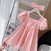 Baju Bé Gái Đầm Trẻ Em Đầm Puff Đầm Tập Đi Cho Bé 1-6 Tuổi Dễ Thương Màu Hồng Puff Tay Đầm Nơ Băng Đô