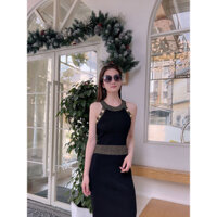 Balmain French Style Young Black Gold Knitted Vest Dress Gold Buckle Western Style Slimming Halter Hip Skirt Summer Women