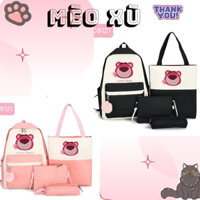 balo 4 món set bộ gấu dâu Hồng và đen cute đi học cặp vừa A4
