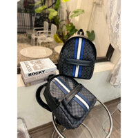 Balo da đi học nam nữ Eo Vì da PU dập hoạ tiết vân ô caro 3 vạch sọc da xanh trắng