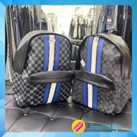 Balo đi học nam nữ Eo Vì da PU dập hoạ tiết vân ô caro 3 vạch sọc da xanh trắng
