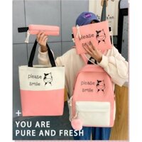 balo học sinh đi học đẹp, cặp học sinh 4 món giá rẻ, dụng cụ học tập, balo học sinh 4 món chú bò dễ thương mua được 4