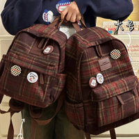 Balo Kẻ Sọc Caro Tweed Khoá Tag Da Phong Cách Học Sinh Vintage Bắc Âu