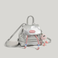 Balo mini bạc đi chơi size 19 kèm móc khoá đeo vai Backpack da kem nhung