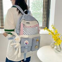Balo phối caro màu pastel có ngăn mica nhiều ngăn phụ vừa laptop vải dù chống thấm phong cách ulzzang unisex BAL26