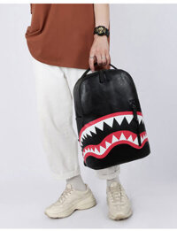 Balo Spray Ground phong cách Bape Shark màu đen, chất liệu da PU Cao cấp, Balo Bape Shark
