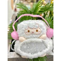Balo thú bông cừu trắng đeo tai phone hồng