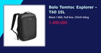 Balo Tomtoc Explorer - T60 (15L - Black - Mới, Full box, Chính hãng)