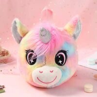 Balo trẻ em, balo pony màu cầu vồng siêu đáng yêu, túi 3D đầu kỳ lân lông mềm  - HOT 2021