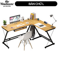 Bàm làm việc chữ L khung kim loại, mặt bàn gỗ MDF có ngăn để bàn phìm và case máy tính, Bàn học sinh, sinh viên cao cấp