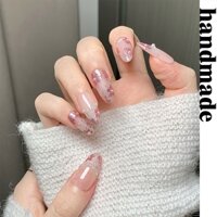 Bấm vào móng tay handmade Hoa Thổ Cẩm handmade Đeo móng tay Móng tay Làm móng tay Cao cấp Vẽ tay Hoa Mắt mèo Trắng Vừa Dài Móng tay giả