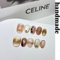 Bấm vào móng tay handmade Kim cương chảy Rhyme handmade Móng tay có thể đeo được Móng tay hoàn thiện Móng tay phong cách ngắn Làm trắng độc đáo Có thể tháo rời Miếng dán móng tay giả tròn ngắn