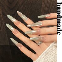 Bấm vào móng tay thủ công Bấm vào móng tay handmade Bưởi Gradient Hạt thủy tinh vàng lụa băng trong suốt sang trọng Mắt mèo trắng thủ công Mặc móng tay Thành phẩm Móng tay giả