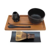 BambooMN Brand - Matcha Bowl Set (Includes Bowl, Rest, Black Tea Whisk, Black Chasaku, Black Tea Spoon, Rest Tray & Tray) - Black