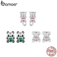 Bamoer 925 Sterling Sliver Bông Tai Trái Tim Mèo Gấu Trúc Trang Sức Quà Tặng Cho Nữ