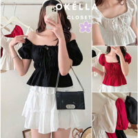 [Bận 2 kiểu] Áo Babydoll Linen tay phồng tiểu thư công chúa, Áo bo chun thân nơ coquette xinh xắn Okélla
