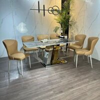Bàn ăn 6 ghế, mặt đá vi tinh thể, chân inox, ghế da cao cấp – SP972