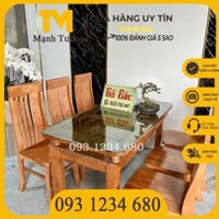 Bàn ăn chữ nhật gỗ xoan ta mặt kính giá rẻ 4 ghế hoặc 5 ghế chữ thọ tựa cao