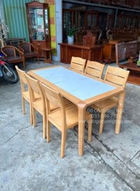 Bàn ăn gỗ Sồi Nga mặt đá 1m6 - 6 ghế - màu tự nhiên hiện đại