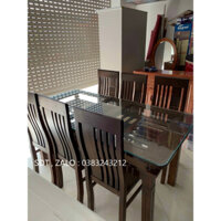 bàn ăn gỗ sồi phun màu óc chó 2 tần 6 ghế