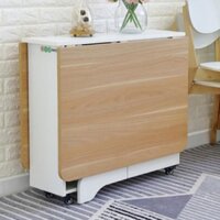 Bàn ăn gỗ thông minh đa năng gấp gọn IGA có kệ và bánh xe di chuyển decor phòng màu Trắng Vân Gỗ- BATM5.31