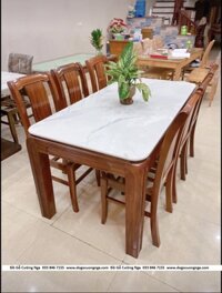 Bàn ăn gỗ xoan đào mặt đá 1m6 - 6 ghế lá soi