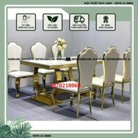 Bàn ăn mặt đá cẩm thạch nhân tạo chân Double Q mạ vàng - Bàn ăn chân inox mạ vàng - Bàn ăn tân cổ điển