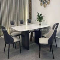 Bàn ăn mặt đá ceramic bóng kết hợp ghế Spot, bàn ăn 1m6 6 ghế đẹp hiện đại - Bàn 1m6  6 ghế - Ghế màu ghi nhạt