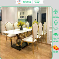 Bàn ăn mặt đá ceramic bóng chân Chanel tròn kết hợp cùng ghế Hoa Mai- Bộ bàn ghế tân cổ điển . .
