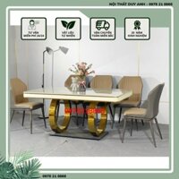 Bàn ăn mặt đá ceramic bóng chân double Q viền da kết hợp cùng ghế Keva - Bộ bàn ăn 6 ghế 8 ghế
