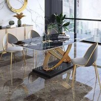 Bàn ăn mặt đá marble nhân tạo/kính cường lực, khung inox mạ titan vàng BA214