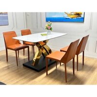 Bàn ăn nhập khẩu cao cấp, chân chữ X cong, inox mạ vàng, mặt đá ceramic