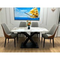 Bàn ăn nhập khẩu cao cấp chân X cong, mặt đá ceramic chống thấm, chống ố