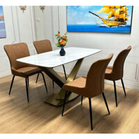 Bàn ăn nhập khẩu cao cấp inox mạ vàng  chân chữ  X, mặt đá ceramic