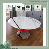 Bàn ăn thông minh mặt đá ceramic bóng tròn xoay thành hình chữ nhật chân trụ bọc da kết hơp cùng ghế Keva