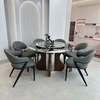 Bàn Ăn Tròn Mặt Đá Xoay 6 Ghế Chân Trụ Inox Phối Gỗ Hiện Đại – SP12076