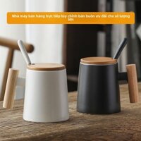 Bán buôn cốc gốm tay cầm gỗ tùy chỉnh, sáng tạo, đơn giản, cốc nước văn phòng dung tích lớn có nắp và thìa, cốc quà tặng