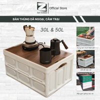 Bàn cắm trại camping gấp gọn, hộp đựng đồ đa năng bằng nhựa, nắp gỗ MDF để đi du lịch, dã ngoại, picnic