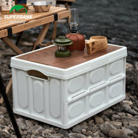 Bàn camping bàn cắm trại gấp gọn, hộp đựng đồ đa năng bằng nhựa, nắp gỗ MDF để đi du lịch, dã ngoại, picnic