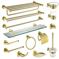 Bàn chải vàng Phần cứng phòng tắm Giá đỡ bàn chải vệ sinh Giá đỡ giấy cuộn có nắp Giá treo khăn bằng thép Giá treo khăn Bar Áo choàng Móc treo tường Xà phòng Đĩa đựng khăn Vòng phụ kiện phòng tắm
