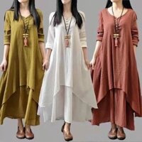 Bán chạy mới [HH][1196 Người Đã Thu Thập] Váy Cotton Linen Ngoại Thương Giả Hai Mảnh Trang Phục Mùa Thu Hè Phong Cách Nghệ Thuật Dân Tộc Kích Thước Lớn Váy Dài Rộng Thon Gọn Cho Phụ Nữ