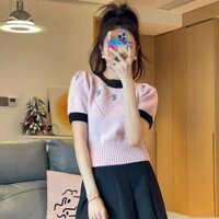 [Bán chạy phong cách mới] Áo thun dệt kim cổ tròn tay ngắn phong cách dễ vỡ Thời trang thêu thời trang hàng đầu phong cách mùa xuân mùa thu Sản phẩm mới Mùa đi học