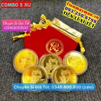 [BÁN CHẠY] Sỉ 10 Đồng Xu Hình Con Mèo Mạ Vàng bằng kim loại, 1 mặt có chữ Lộc - tặng kèm túi gấm đỏ PHÚC