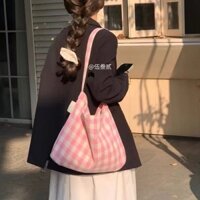 [Bán chạy] ♞,♘Túi vải lanh Cotton kẻ sọc màu hồng Túi đeo vai phù hợp cho mọi trận đấu Túi Tote kẻ sọc màu xanh sữa