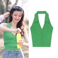 Bán ChạyÁo Sweater Không Tay Cổ polo Màu Xanh Lá Phong Cách Mùa Hè Gợi Cảm Cho Nữ