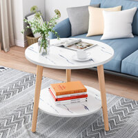 Bàn để phòng khách phòng ngủ HOME&HOME chân gỗ 2 tầng cỡ nhỏ 50x50 cm vân đá trắng đen