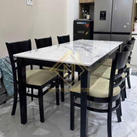 Bàn Ghế Ăn Cơm Giả Đá Đen - Bộ Bàn Ăn Giả Đá Màu Đen + ghế cabin Gỗ cau su tự nhiên - TH Ngọc Mai - BH 12 tháng