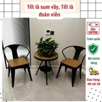 Bàn ghế ban công bộ 2 ghế ngoài trời khung thép cacbon phun sơn tĩnh điện mặt gỗ sồi cao cấp Rirobik BGSV010